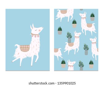 Llama and alpaca collection of cute hand drawn illustrations, cards and design for nursery design, poster