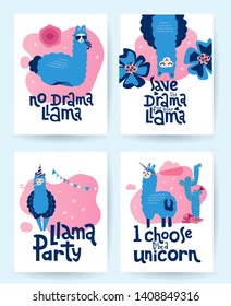 Llama and alpaca collection of cute hand drawn illustrations, cards and design for nursery design, poster, greeting card. Super cute bright print set. Lettering qoutes - No drama llama, Llama party.