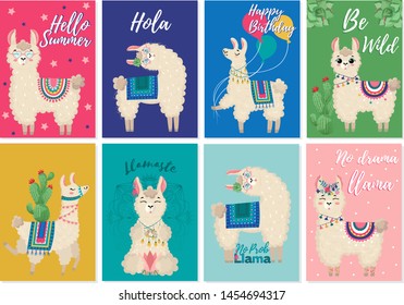 Llama and alpaca collection of cute hand drawn illustrations, cards and design for nursery design, poster, greeting card.