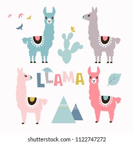 Llama, alpaca collection, cute illustration and design for nursery design, poster, birthday or greeting card.Vector set