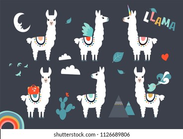 Llama, alpaca collection, cute illustration and design for nursery design, poster, birthday or greeting card. Vector set