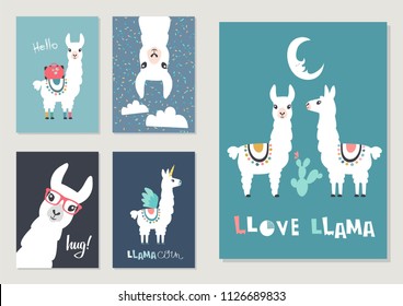 Llama, alpaca collection, cute illustration and design for nursery design, poster, birthday or greeting card. Vector set