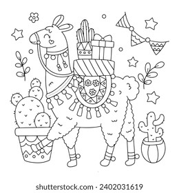 llama alpaca coloring page illustration