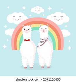 Llama and alpaca couple in love on a background of rainbow and cheerful clouds. Vector illustration for greeting card, poster, texture, textile, decor. Cartoon characters.