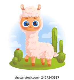 Llama alpaca. Lindo animal contra el fondo del cielo y cactus. Ilustración vectorial en estilo de dibujos animados