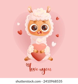 Llama Alpaca. Cute animal in love with heart. Festive romantic valentine. Vector illustration in cartoon style.