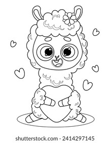 Llama Alpaca. Cute animal in love with heart. Festive romantic valentine. Vector illustration. Line drawing, coloring book. Kids collection