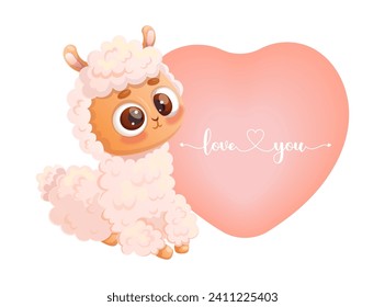 Llama Alpaca. Cute cartoon animal with big pink heart. Romantic valentine. Vector illustration.