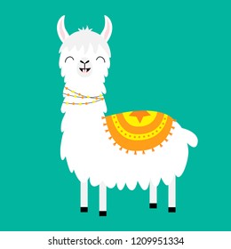 Llama alpaca. Cute cartoon funny kawaii smiling character. Fluffy hair fur. Childish baby collection. Decoration. T-shirt, greeting card, poster template print. Flat design. Green background. Vector