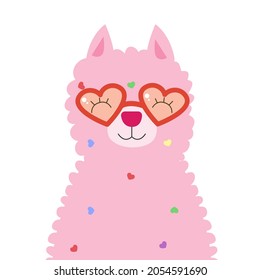 Llama alpaca cute pink color fur wool wearing glasses shape of heart and smile isolated on white background. Vector illustration for poster, case, textile, party invitations, postcards