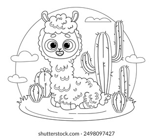 Llama Alpaca. Cute smiling animal character with tropical cacti and clouds. Vector illustration. Line drawing, coloring book. Kids collection.