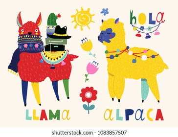 Llama and alpaca. Cute vector illustration. All elements are isolated