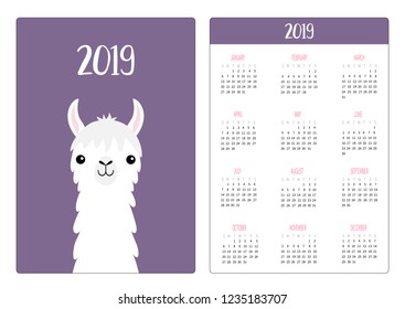 Llama alpaca face head neck. Simple pocket calendar layout 2019 new year. Week starts Sunday. Cute cartoon character. Vertical orientation. Flat design. Violet background. Vector illustration