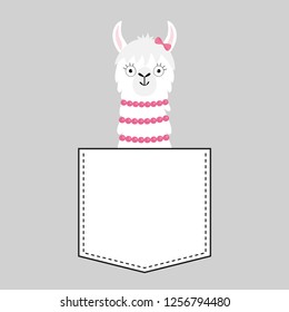 Llama alpaca face head in the pocket. Pink bow. Cute cartoon animals. Dash line. Kawaii character. White and black color. T-shirt design. Baby gray background. Isolated. Flat design. Vector