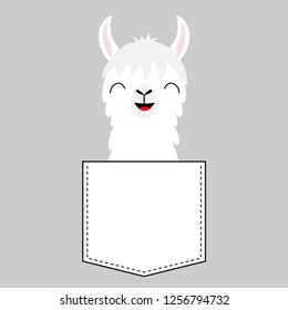 Llama alpaca face head in the pocket. Cute cartoon baby animal. Dash line. Kawaii character. White and black color. T-shirt design. Gray background. Isolated. Flat design. Vector illustration