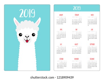 Llama alpaca face neck, tongue. Simple pocket calendar layout 2019 new year. Week starts Sunday. Cute cartoon character. Vertical orientation. Flat design. Blue background. Vector illustration