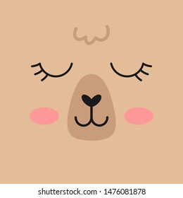 Llama, alpaca face vector illustration icon. Square brown girly llama animal background.