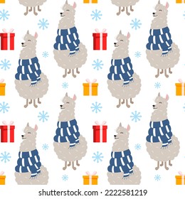 Llama or alpaca with gift boxes. Seamless pattern. Can be used for web page background fill, surface texture