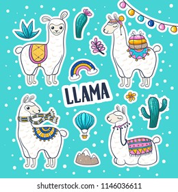 Llama or alpaca hand drawn illustration. Cute llama and cactus wall art, friendly woolly mammal, banner for petting zoos and farms. Vector image on light blue background