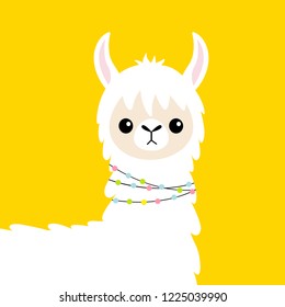 Llama alpaca head baby face. Cute cartoon funny kawaii smiling character. Childish collection. Fluffy hair fur. T-shirt, greeting card, poster template print. Flat design. Yellow background. Vector