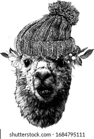 llama or Alpaca head funny expression of the muzzle with a displaced jaw and an incorrect bite in the cap and protruding leaves and flowers in all directions, sketch vector graphics monochrome 