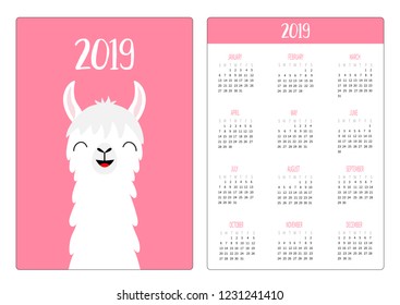 Llama alpaca head, smiling face with tooth. Simple pocket calendar layout 2019 new year. Week starts Sunday. Cute cartoon character. Vertical orientation. Flat design. Pink background. Vector