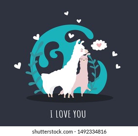 Llama with alpaca and hearts and many details. I love you. Typography poster,card,label,banner design set with background.Vector illustration.