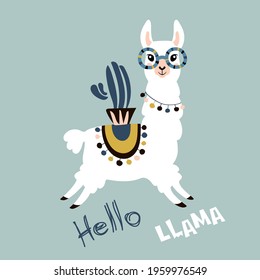 Llama Alpaca. Hello card. Vector illustration