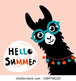 Llama Alpaca. Hello Summer card. Vector illustration