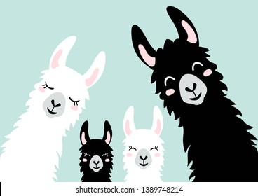 Llama Alpaca. The klan card. Family illustration, vector 