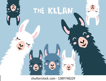 Llama Alpaca. The klan card. Family illustration, vector 