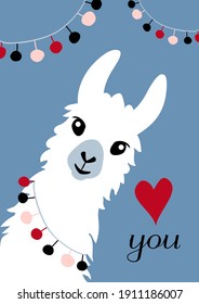 Llama Alpaca. Love you card. Vector illustration