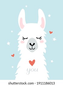 Llama Alpaca. Love you card. Vector illustration