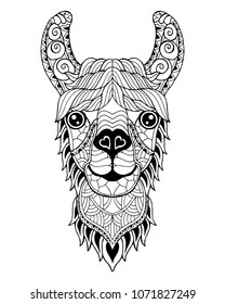 Llama Alpaca mandala zentangle stylized. Freehand vector illustration. Illustration for Cut file for vinyl decal and coloring books.