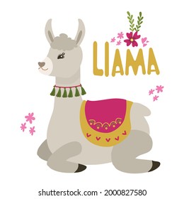 Llama or alpaca in the Mexican style. Vector illustration isolated on a white background. For the decor of the nursery, a poster, a postcard.