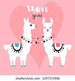 Llama Alpaca. Pair of loving llamas. Vector illustration