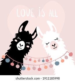 Llama Alpaca. Pair of loving llamas. Vector illustration