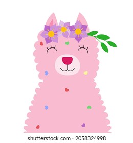 Llama alpaca pink color fur wool cute wearing flower wreath and smile isolated on white background. Vector illustration for poster, case, textile, party invitations, postcards