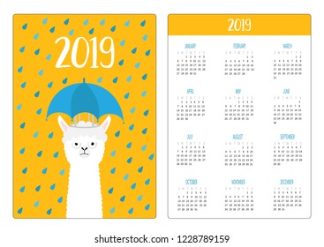 Llama alpaca, rain umbrella. Simple pocket calendar layout 2019 new year. Week starts Sunday. Cute cartoon character. Vertical orientation. Flat design. Orange background. Vector illustration