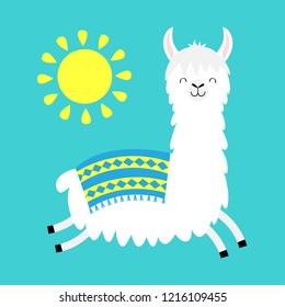 Llama alpaca running jumping. Cute cartoon funny kawaii smiling character. Childish baby collection. Fluffy hair fur. T-shirt, greeting card, poster template print Flat design Blue background Vector