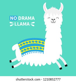 Llama alpaca running jumping. No drama. Cute cartoon funny kawaii smiling character. Childish baby collection. T-shirt, greeting card, poster template print. Flat design. Green background. Vector
