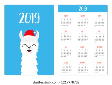 Llama alpaca in Santa red hat. Simple pocket calendar layout 2019 new year. Week starts Sunday. Cute cartoon character. Vertical orientation. Flat design. Blue background. Vector illustration