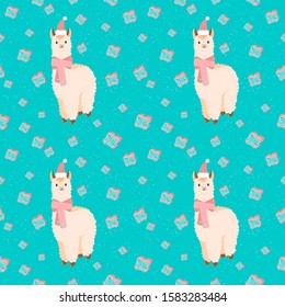 Llama or Alpaca seamless pattern for bright Christmas textile for nursery illustration, lama design, wrapping paper. Cute peruvian animals in Santa Claus hat, flat style illustration, blue background