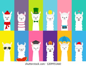 Llama alpaca set. Cute funny cartoon lama character. All seasons. Happy Valentines Christmas St Patrick day Easter Egg Bird Chicken Santa hat, sun Umbrella. Flat design Colorful background. Vector