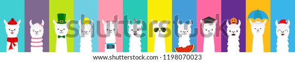 Llama alpaca set. Cute funny cartoon lama\
character. All seasons. Happy Valentines Christmas St Patrick day\
Easter Egg Bird Chicken Umbrella Santa hat, sun Flat design\
Colorful background\
Vector