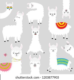 Llama alpaca set. Face glassess. Cute cartoon funny kawaii character. Childish baby collection. Fluffy hair fur. T-shirt, greeting card, poster template print. Flat design. Gray background. Vector