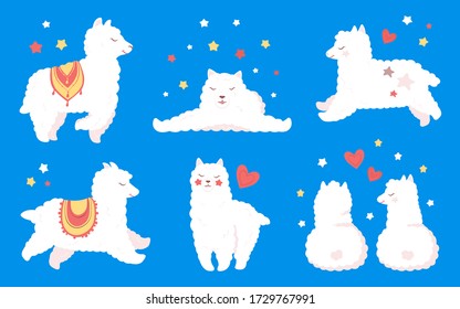 Llama or alpaca set. Funny flat cartoon character, smiling animal. Cute white children llamas with hearts and stars. Isolated on blue background, vector illustration