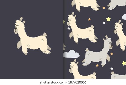 Llama, alpaca. Set of vector backgrounds and illustrations. Children's illustrations in cartoon hand-drawn style for printing on clothes, interior design, packaging, printing.