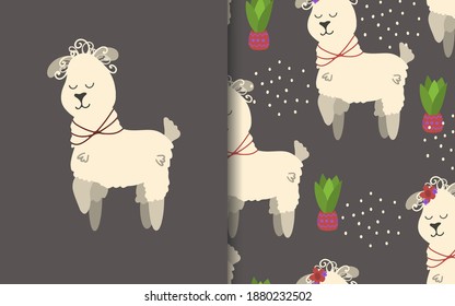 Llama, alpaca. Set of vector backgrounds and illustrations. Children's illustrations in cartoon hand-drawn style for printing on clothes, interior design, packaging, printing.