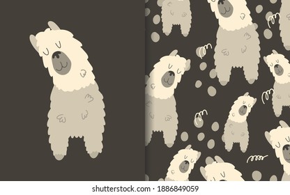 Llama, alpaca. Set of vector backgrounds and illustrations. Children's illustrations in cartoon hand-drawn style for printing on clothes, interior design, packaging, printing.